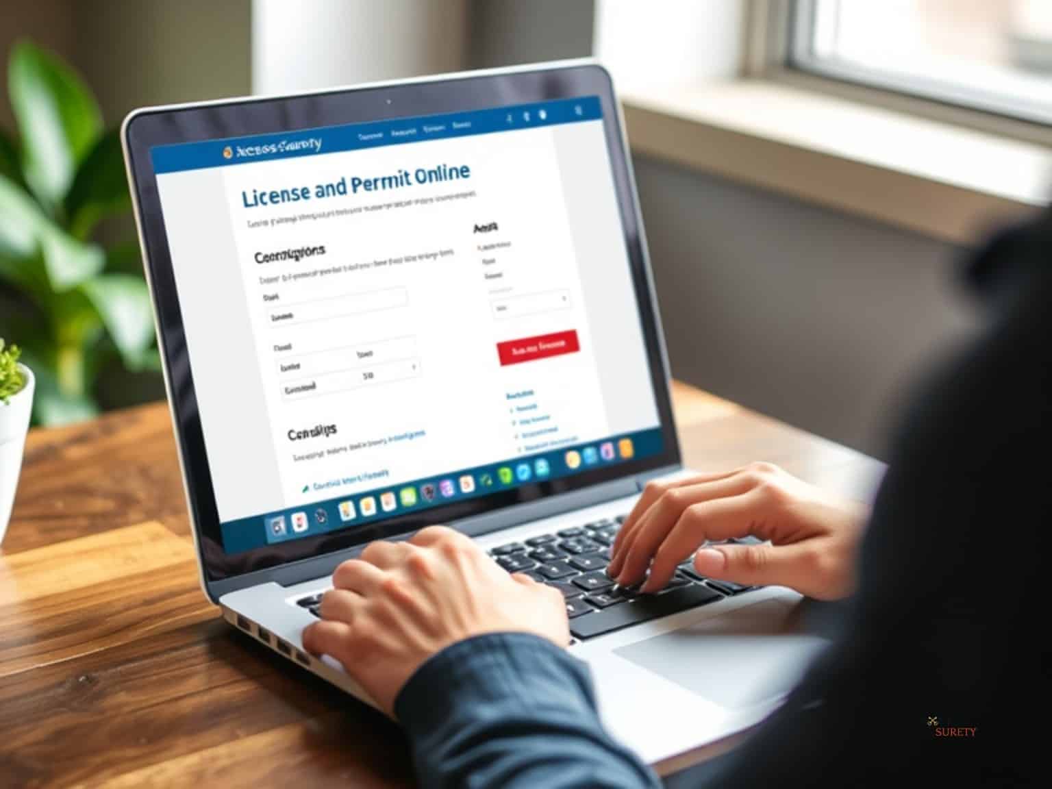 a picture of someone applying online for a license and permission while using a laptop. Show them the Axcess-surety.com website with the licensing details.