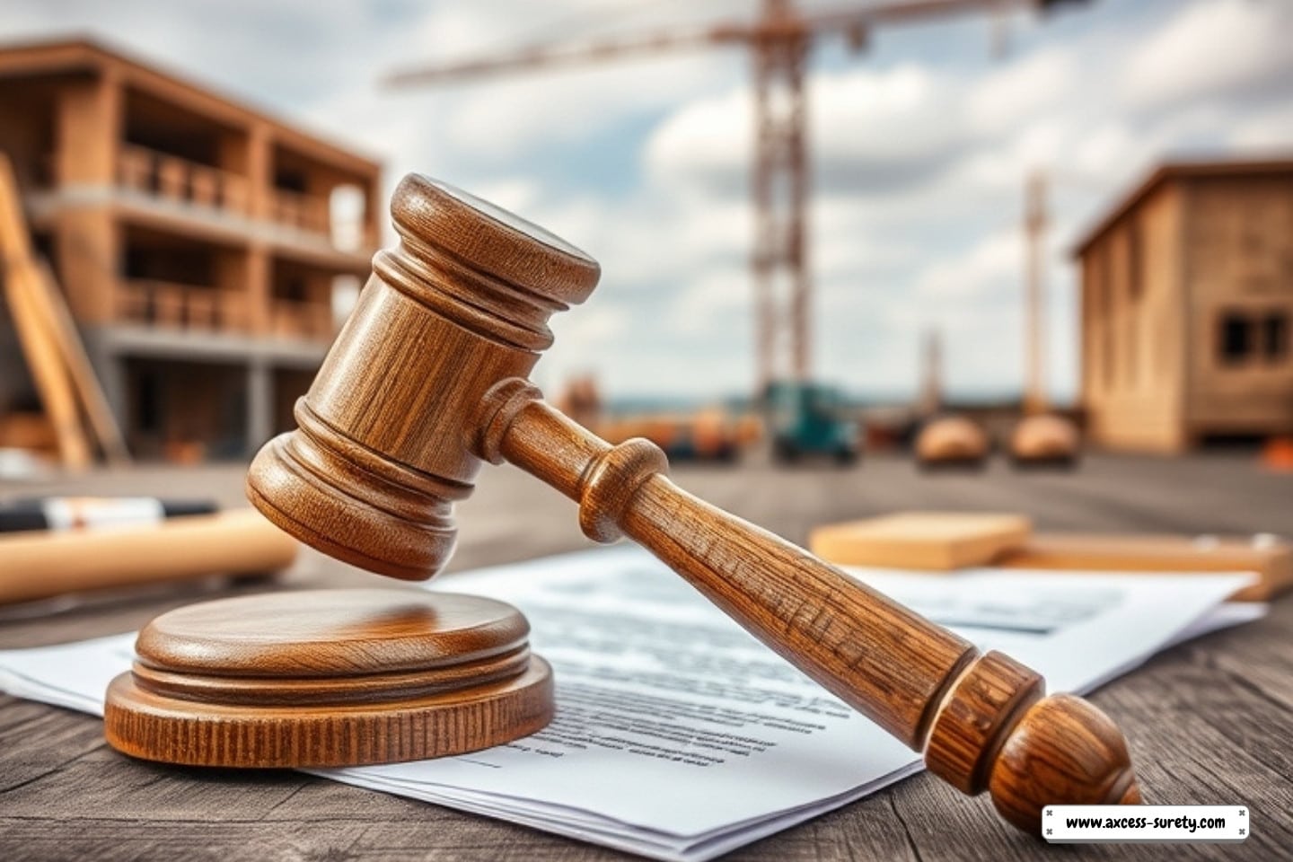 A gavel, contract documents, construction site. License and permit concept.