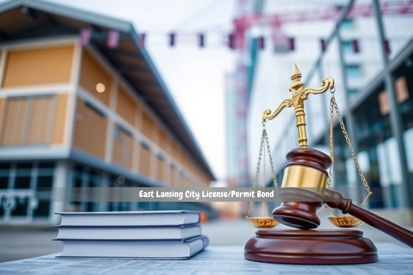 East Lansing City License/Permit Bond - A gavel, A contract document, and building for business. A concept of license and permit.