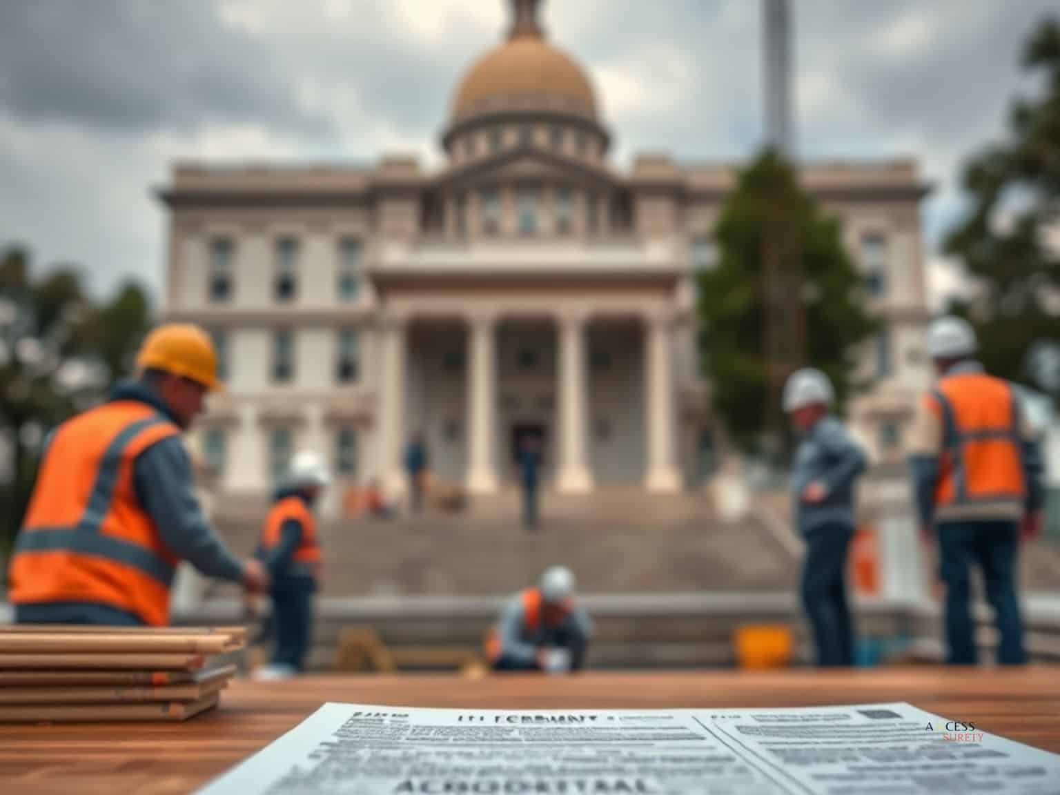 Farmington City License/Permit Bond - Workers, a government building in the backdrop, and a license and permit text paper in the table.