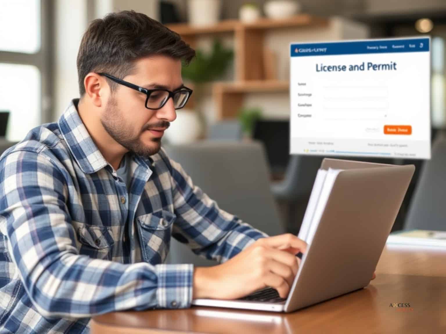 a picture of a laptop user submitting an online application for a license and permission. Present them with the licensing details on the Axcess-surety.com website.