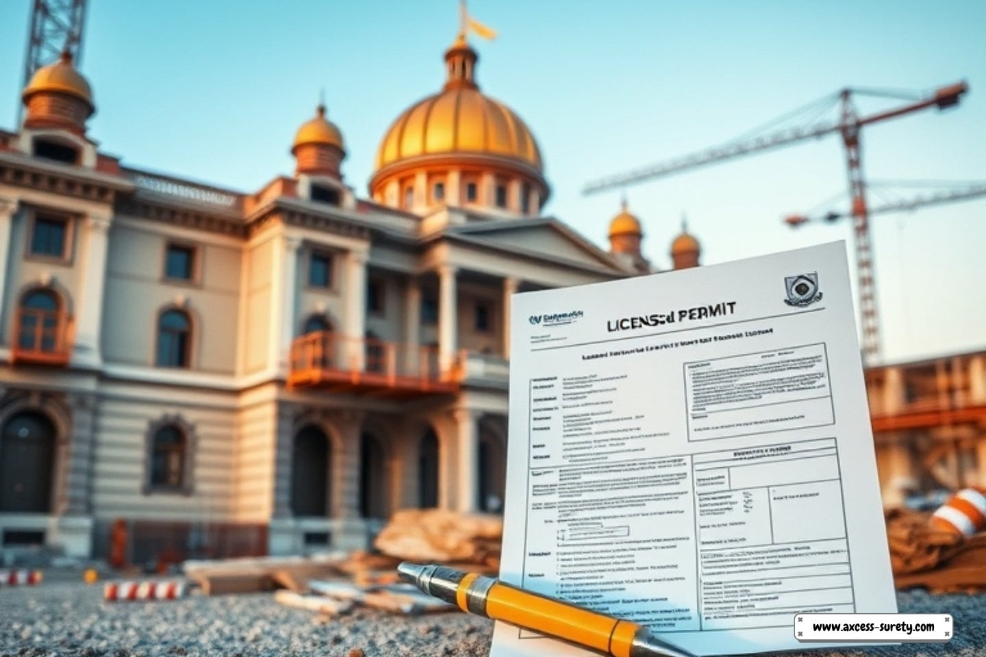 A concept of license and permit. Government building, construction site, license and permit document.
