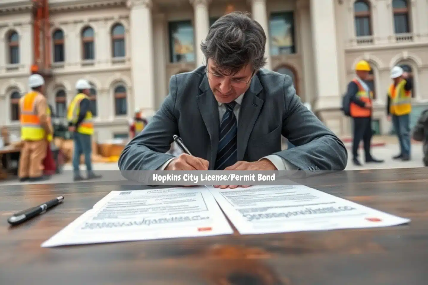 Hopkins City License/Permit Bond - Construction, workers, a government building in the background, and a lawyer signing a license and permit text document in a table.