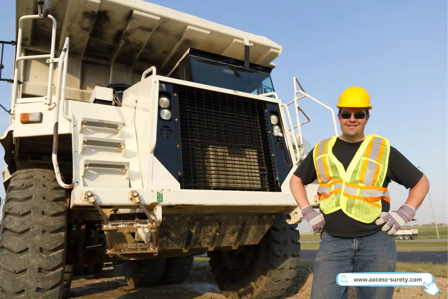 Beside an industrial hauler is a construction worker in a uniform, gloves, and a yellow hard hat.