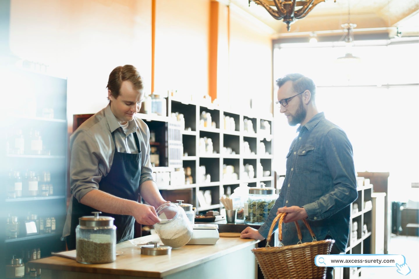 Merchant measuring product at retail spice store.