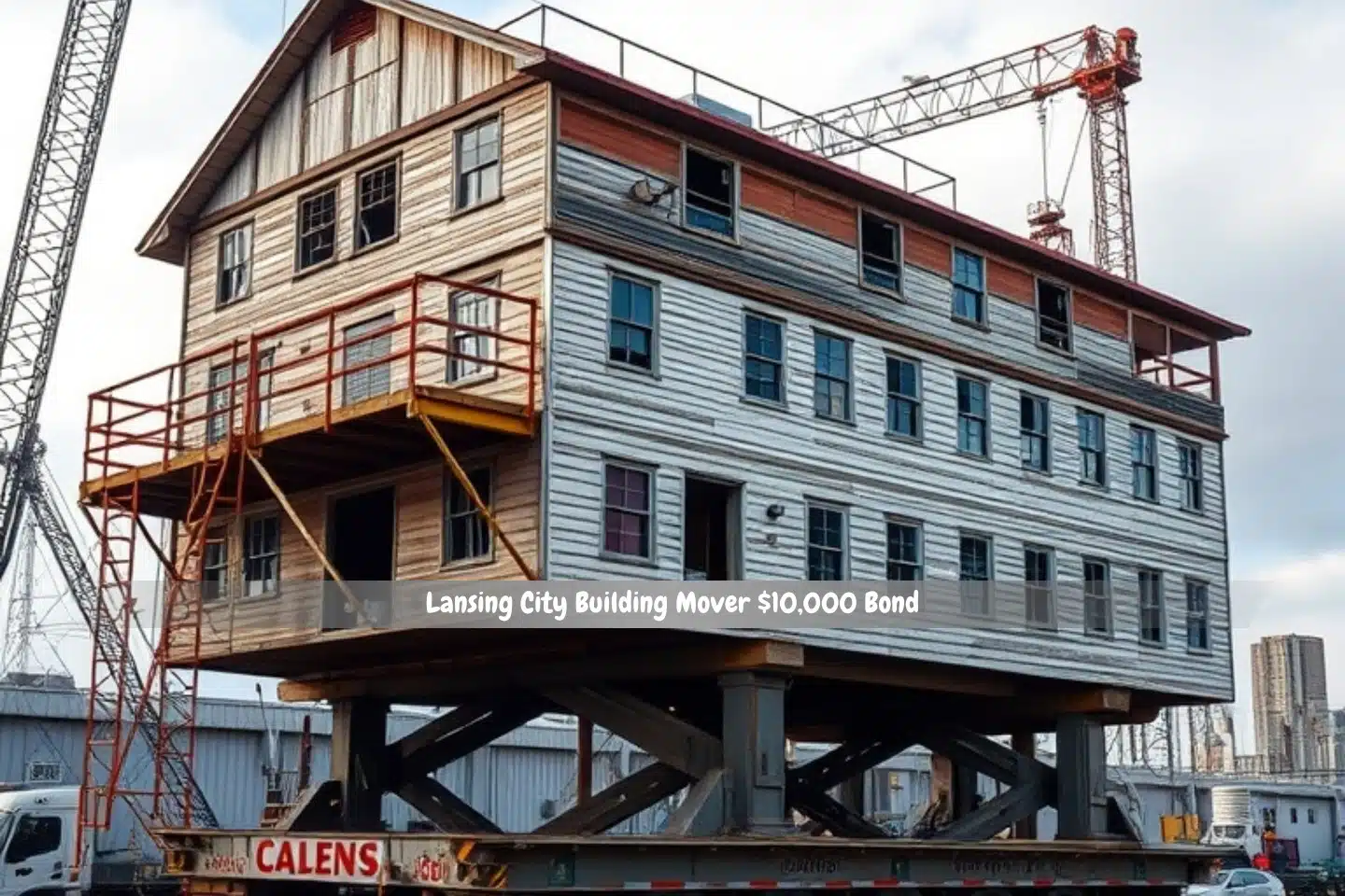 Lansing City Building Mover $10,000 Bond - Old building on top of the hydraulic dollies ready for relocation.