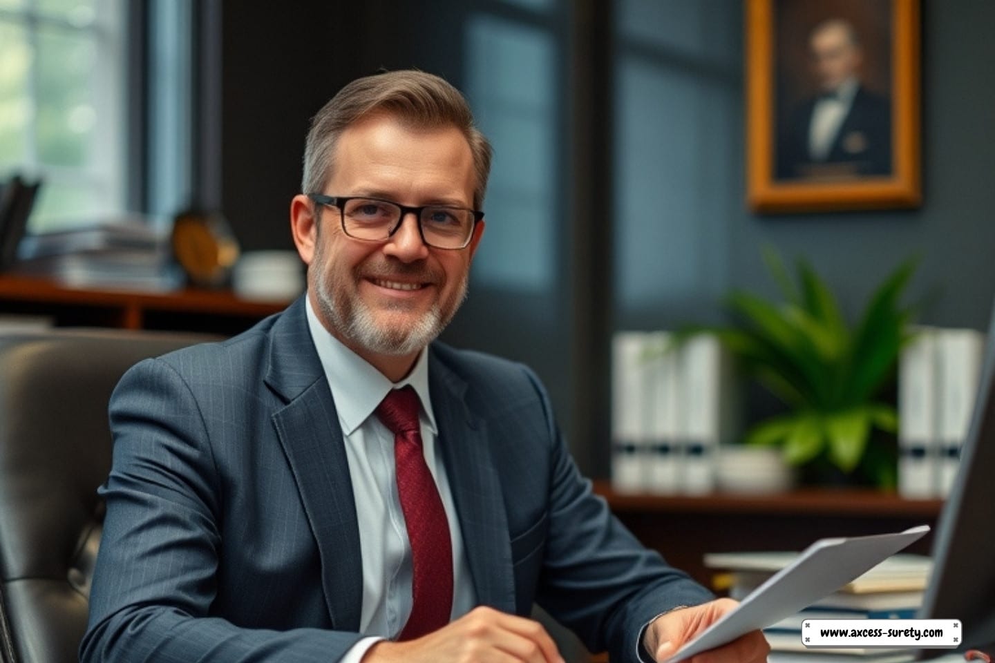 In his office, a lawyer smiles at the camera while clutching a document.