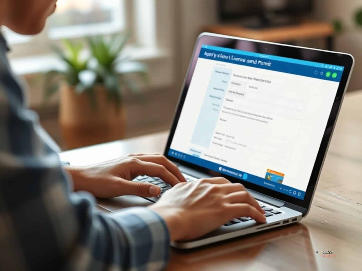 a picture of someone applying online for a license and permission while using a laptop. Show them the Axcess-surety.com website with the licensing details.