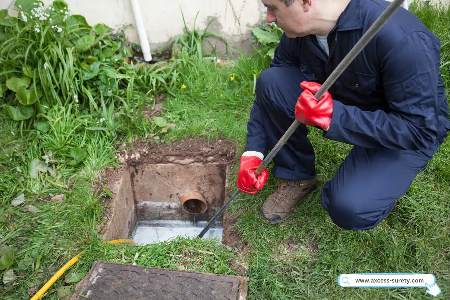 Man unblocking a drain over grass using his metal rod.