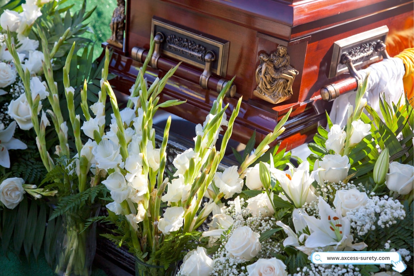 An illustration of a coffin surrounded by flowers.