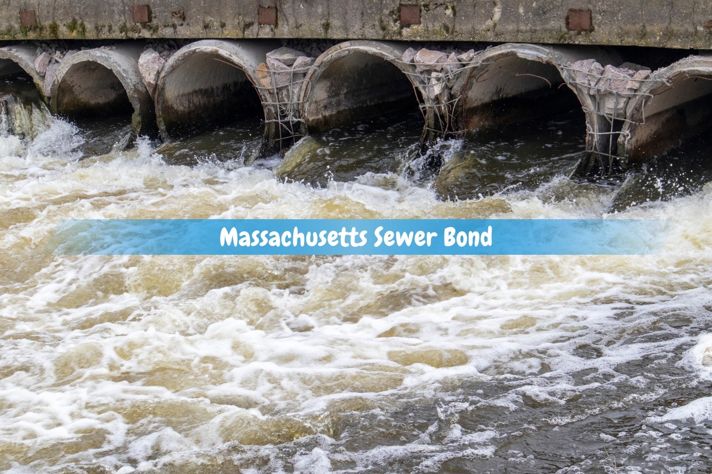Massachusetts Sewer Bond - a factory's concrete pipes releasing dirty sewage into the river.