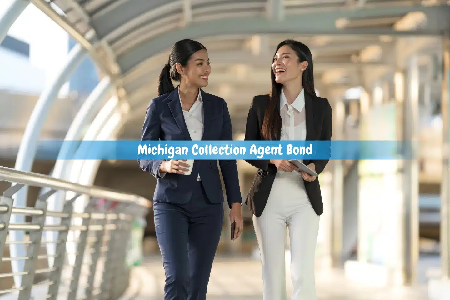 Michigan Collection Agent Bond - Inside the contemporary firm structure, two collection agents are taking a break while strolling and conversing.