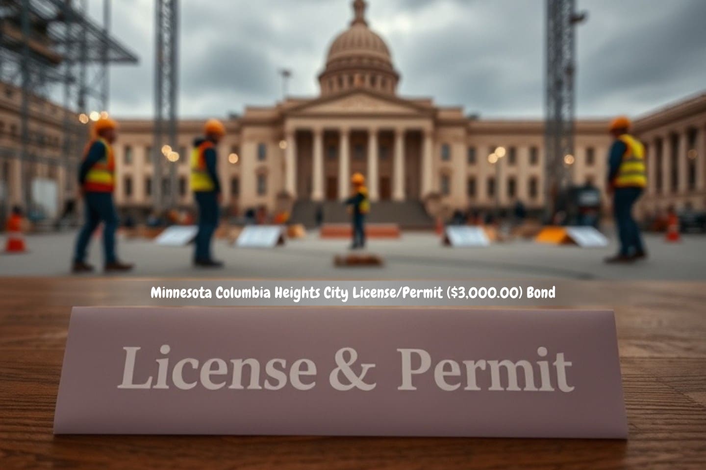 Minnesota Columbia Heights City License/Permit ($3,000.00) Bond - Workers, a government building in the backdrop, and a table with text documents about construction, licenses, and permits.