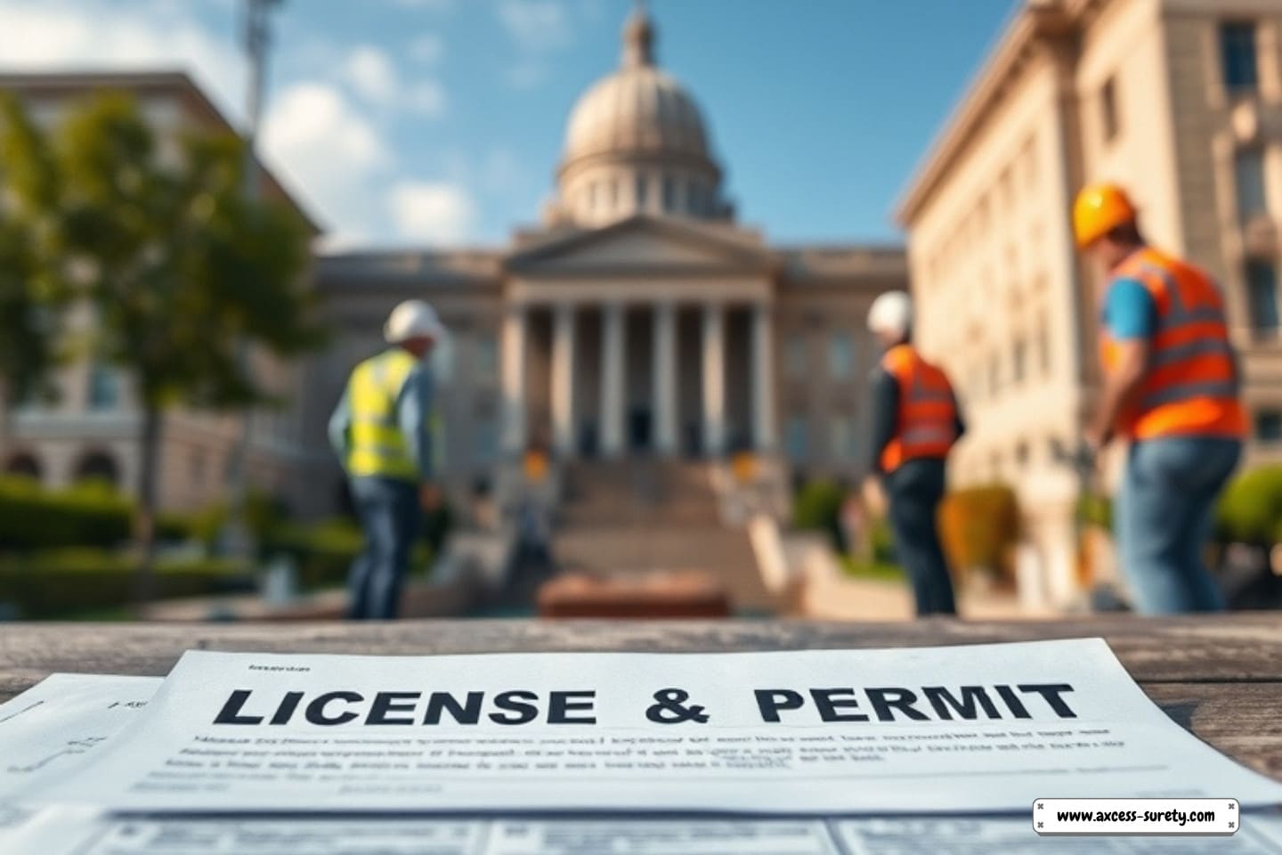 A table with text documents about construction, licenses, and permits, workers, and a government building in the background.