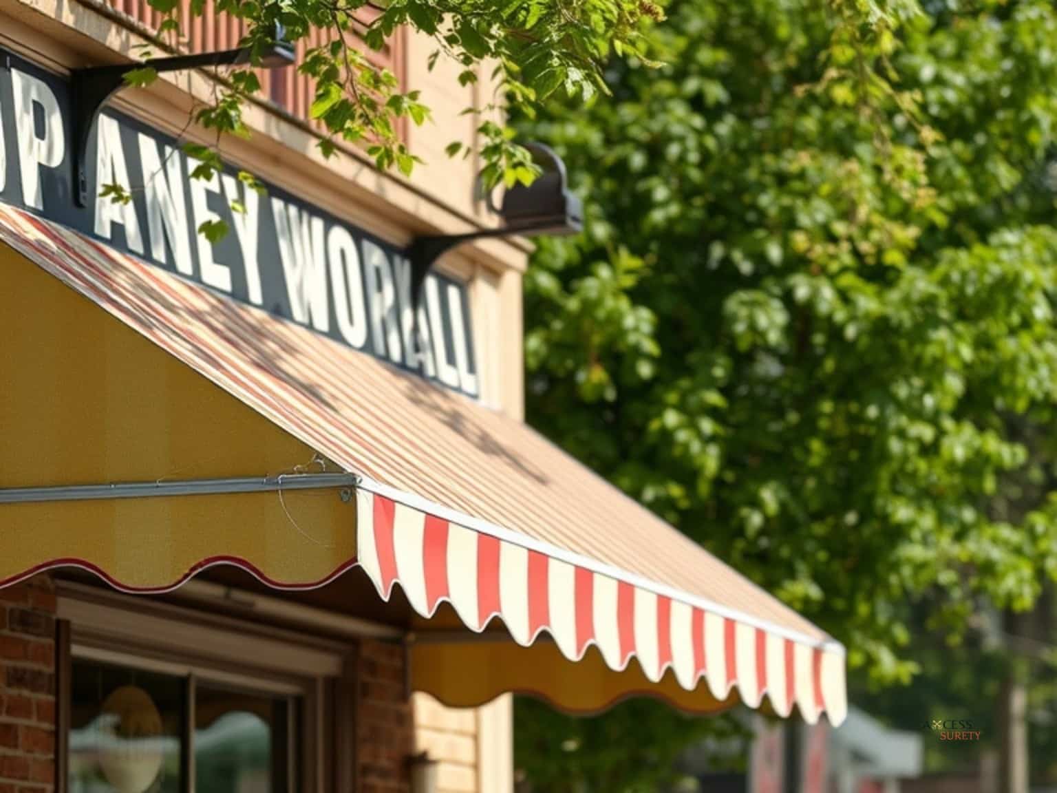 A structure that protrudes from a building and can offer protection from the weather is called an awning.