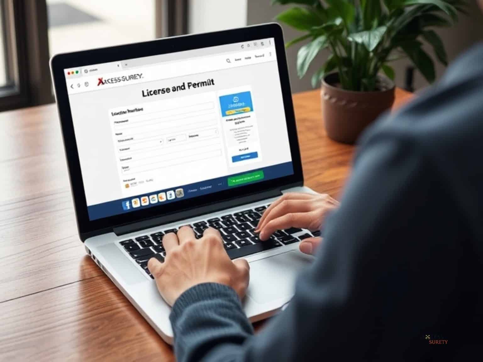 A picture of a laptop user submitting an online application for a license and permission. Present them with the licensing details on the Axcess-surety.com website.