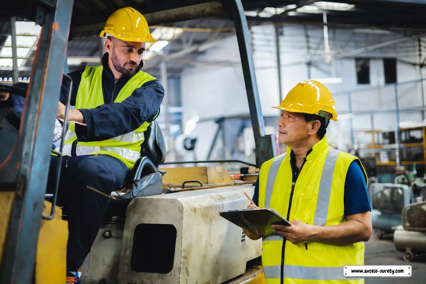 In the factory, a warehouse worker converses with a forklift operator.