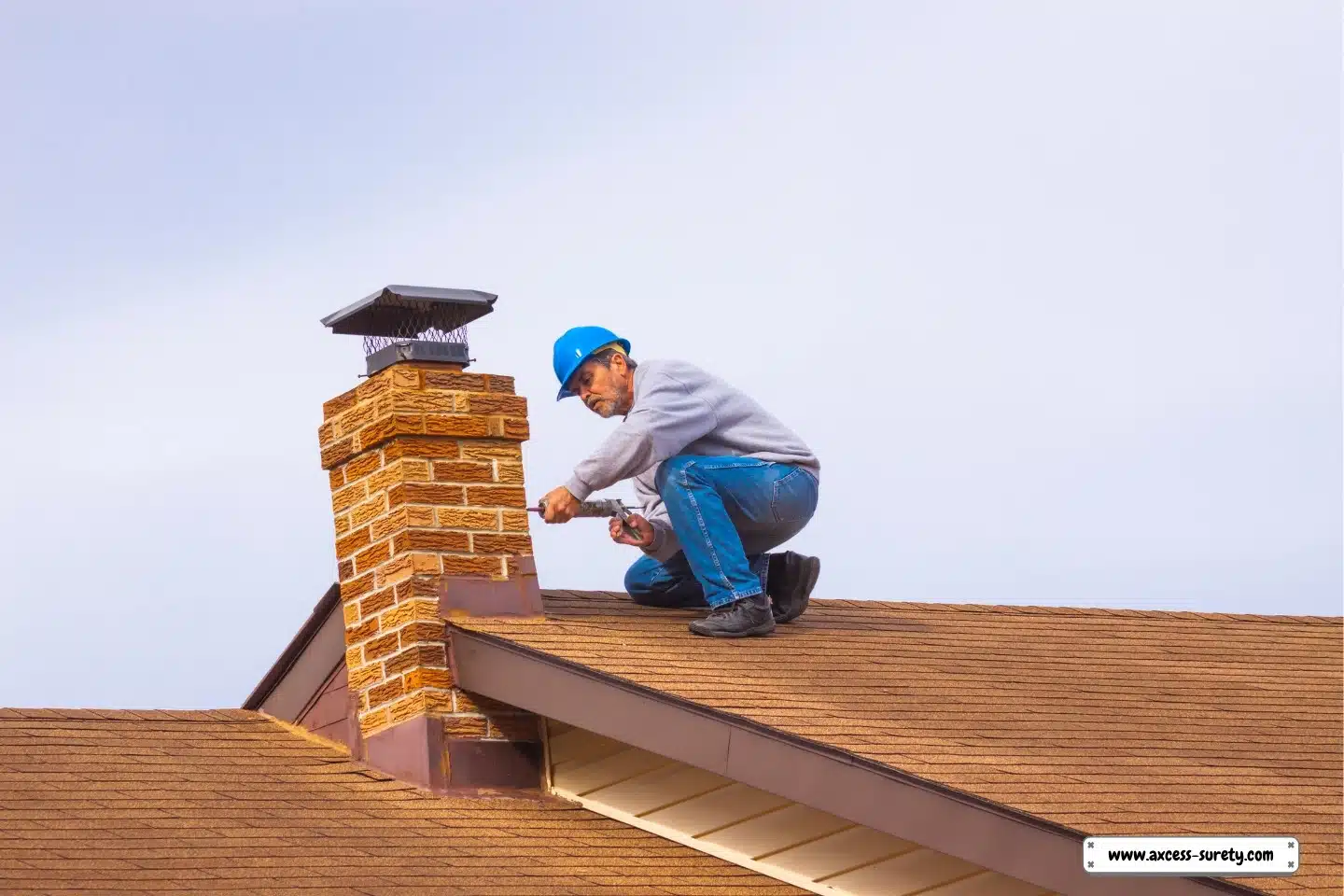On the roof caulking the chimney is a contractor-builder wearing a blue hard hat.