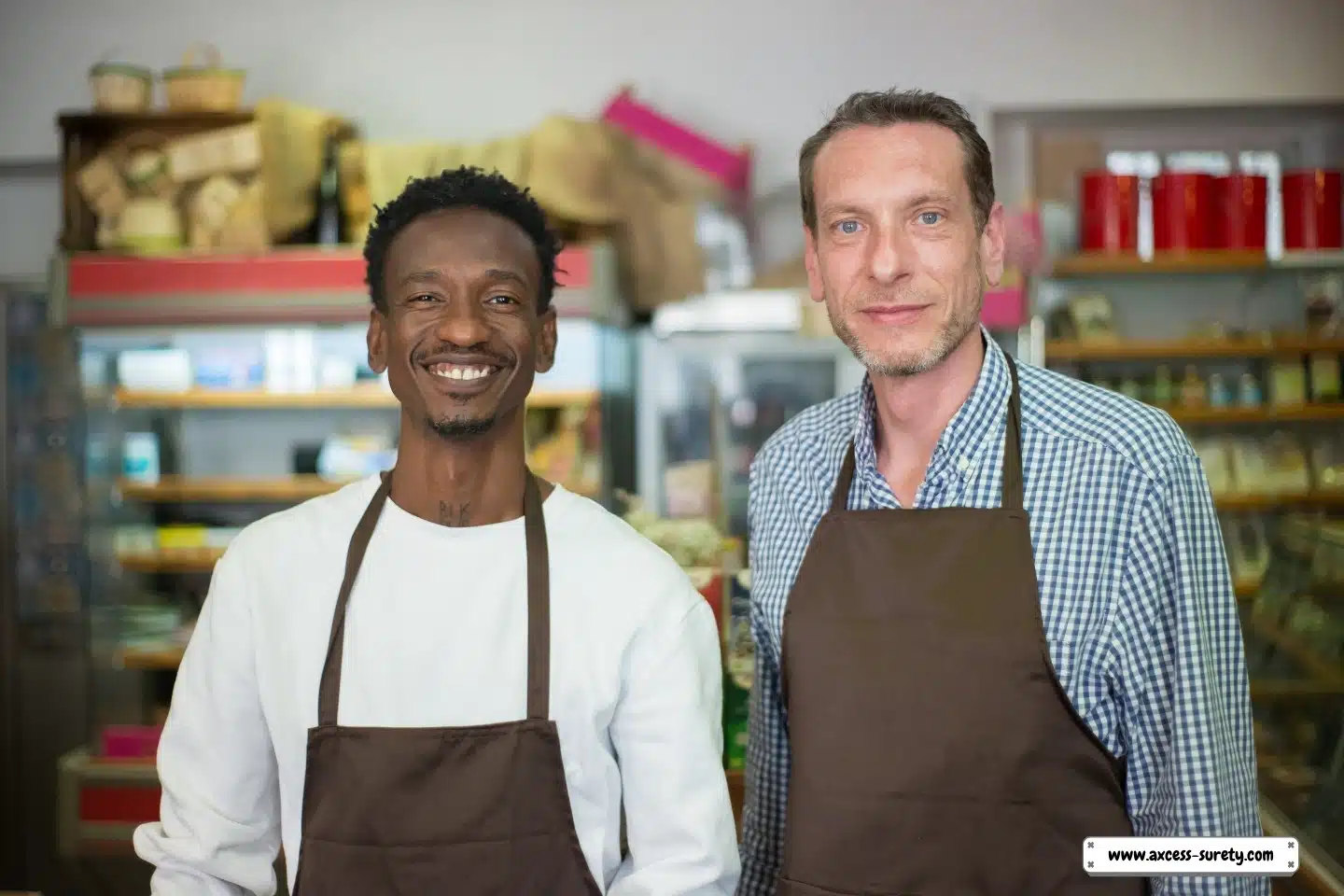 Inside the store, men in aprons are grinning together.