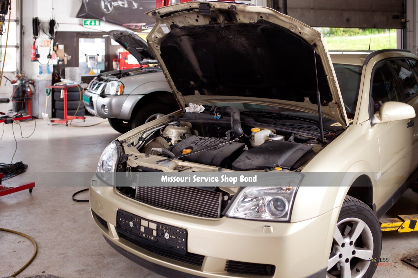 Missouri Service Shop Bond - A automobile with the hood up in a reputable auto repair facility.