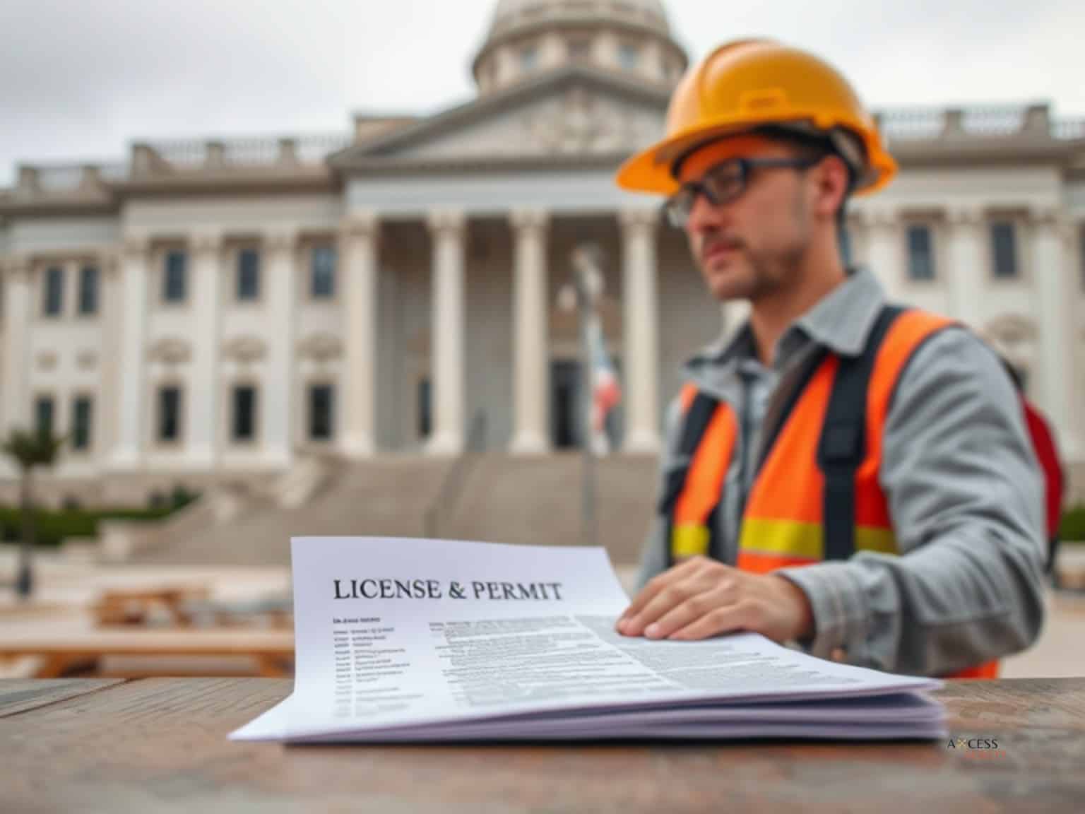 Moberly City License/Permit ($10,000.00) Bond - laborer in construction. A table with a written document about a license and permit. In the background is a government building.