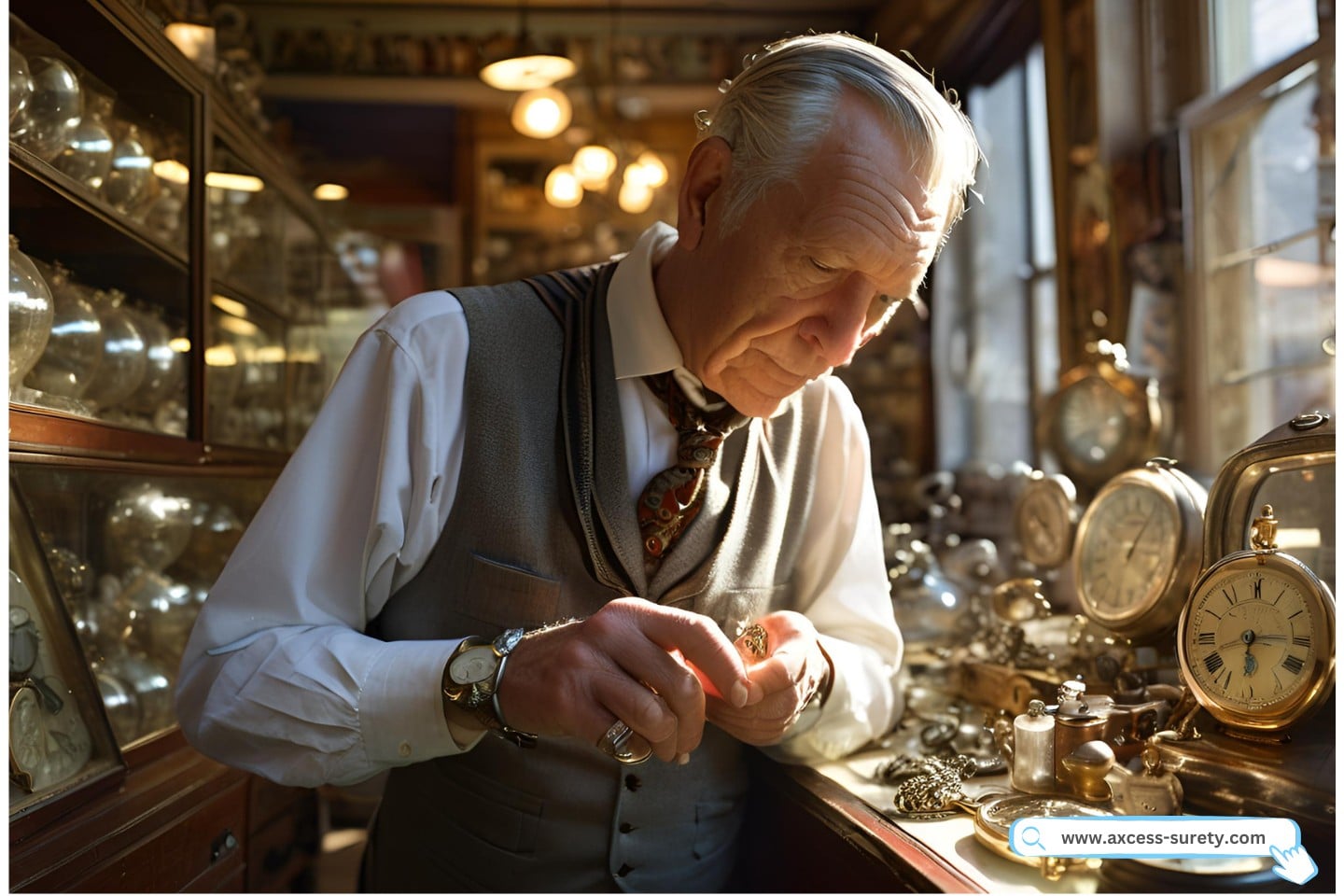 An old man checking jewelry inside the pawnbroker shop.