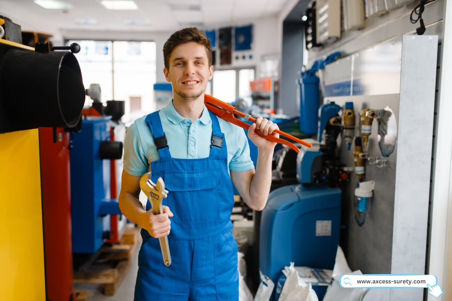 Plumber shows pipe wrenches at the showcase in store.