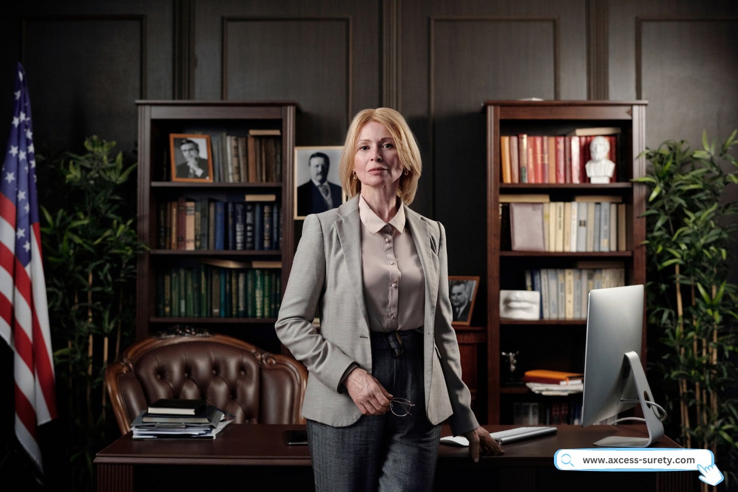 A professional solicitor in her office. With her computer, law books, US Flag.