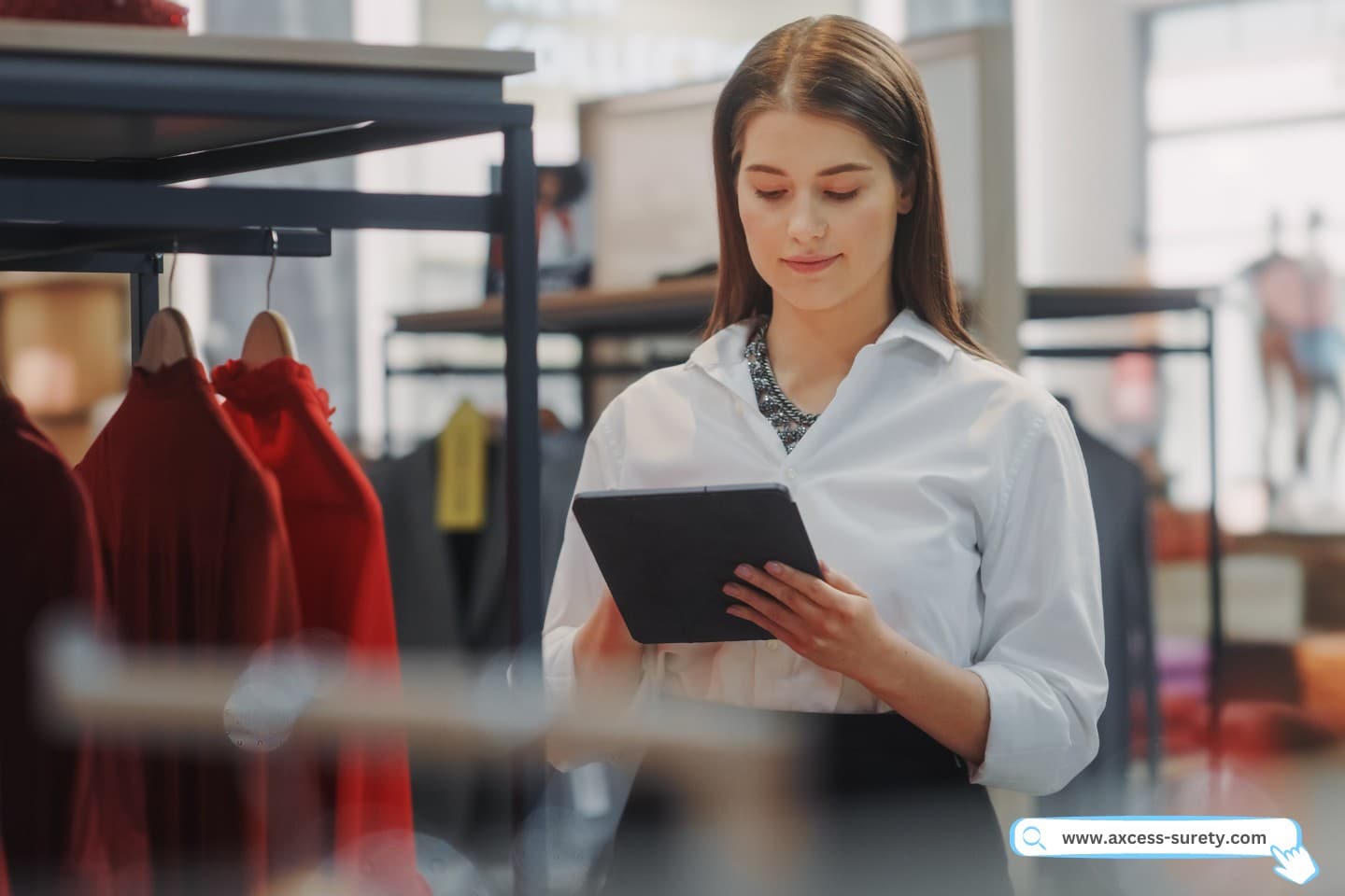 A trendy collection is created by a female visual merchandising specialist using a tablet computer.