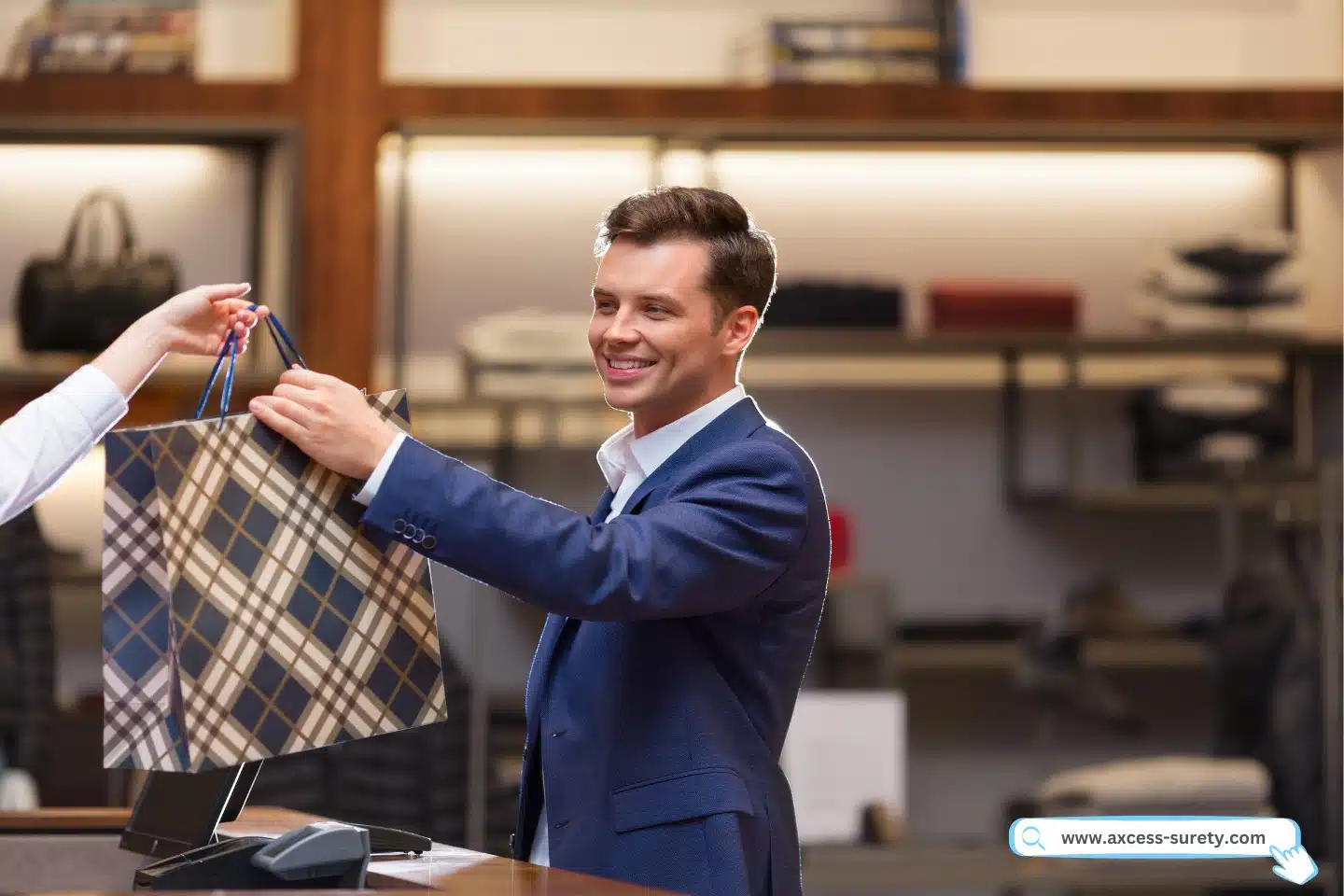 Retail store manager giving a bag at the counter.