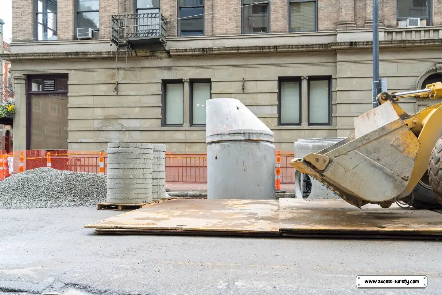 Road closure for utility maintenance. gravel, an orange cone, a concrete sewer, an excavator, and safety netting.