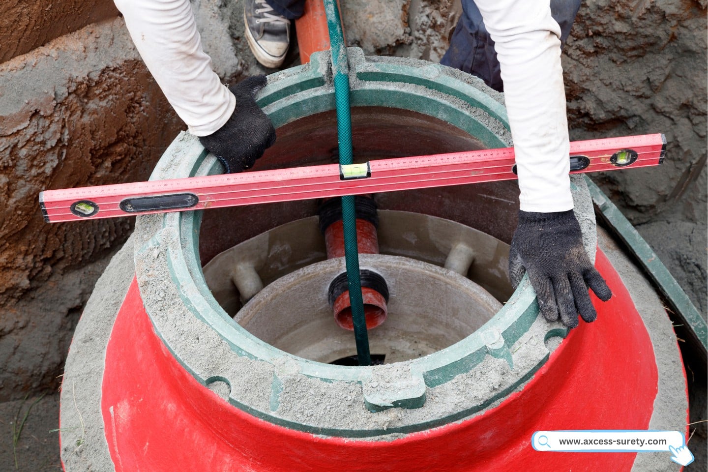 A worker is putting in an underground sewage system tank.