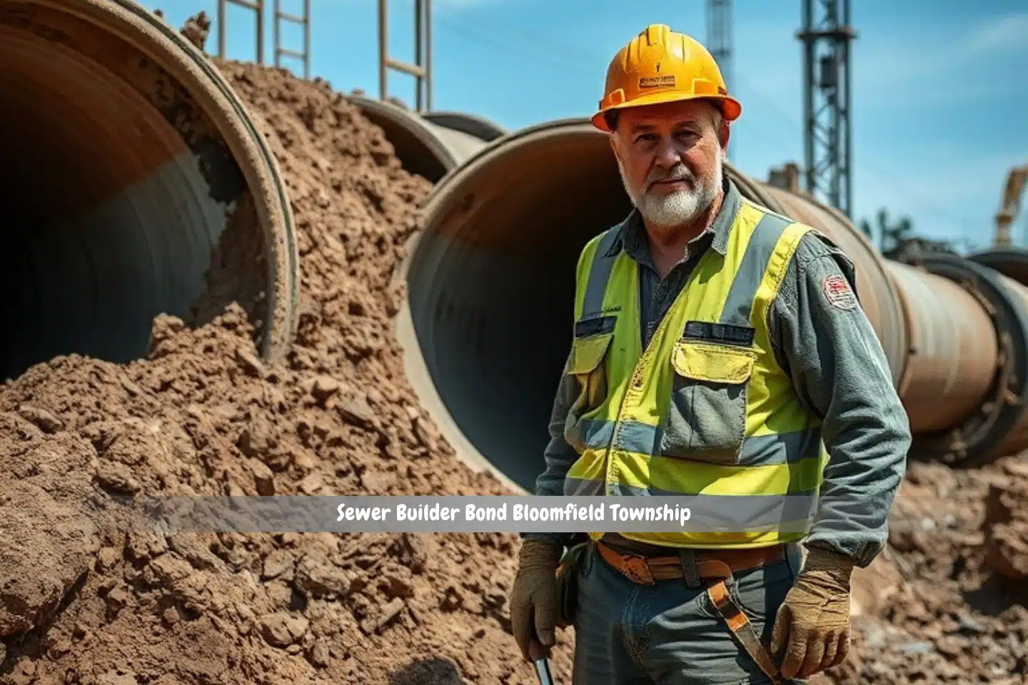 Sewer Builder Bond Bloomfield Township - A builder in his vest and hard hat standing next to sewer pipe.