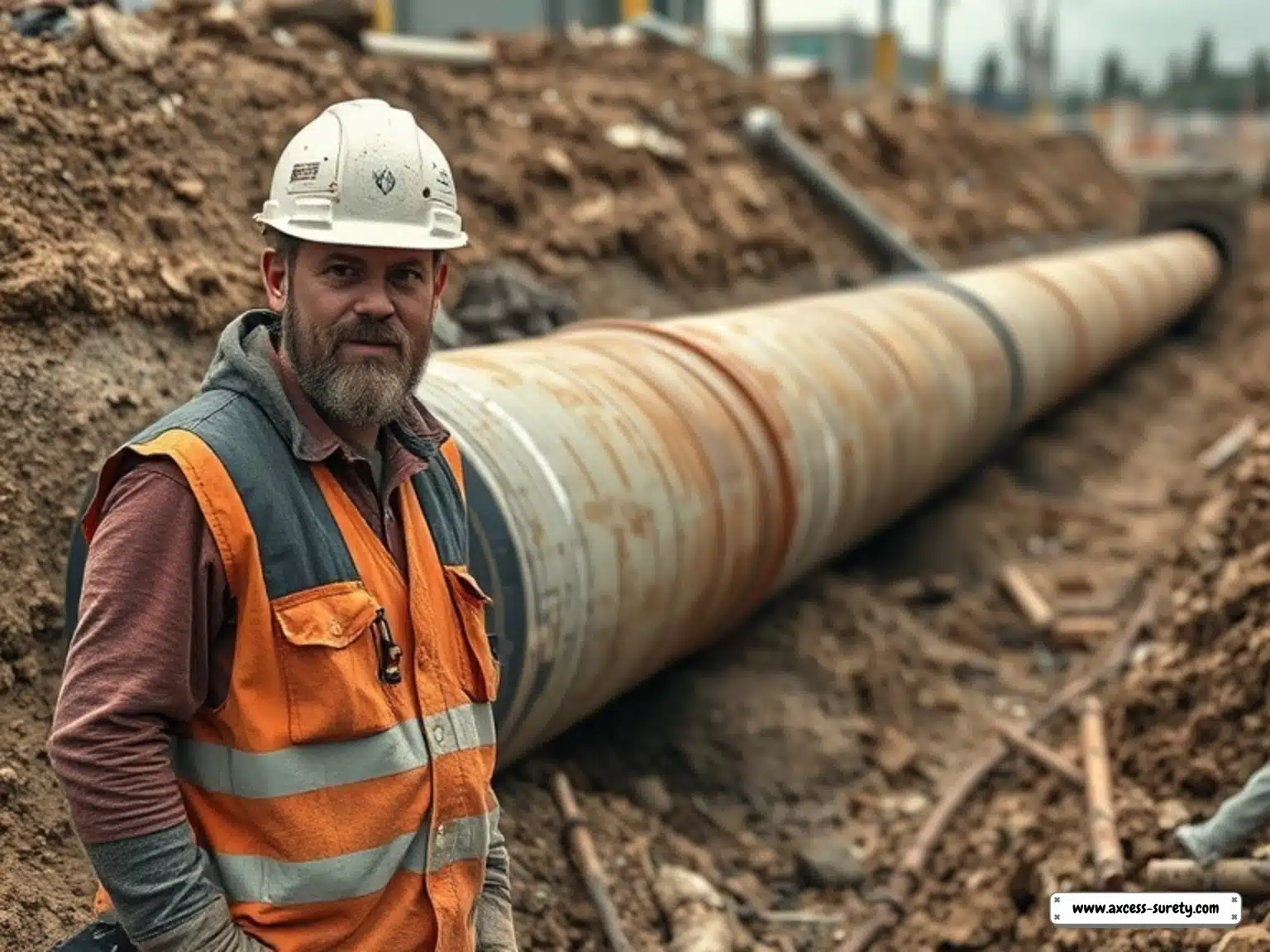 A builder in his orange vest and white hard at the sewer pipe lines construction.