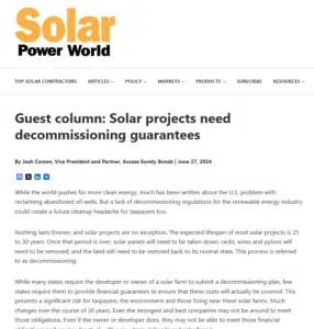 An image of the Solar Power World Article on Solar Decommissioning Bonds.