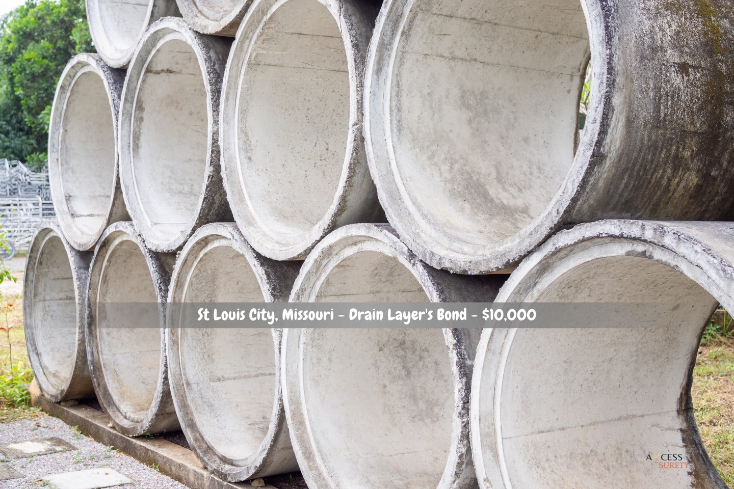 St Louis City, Missouri - Drain Layer's Bond - $10,000 - Concrete pipes arranged in a row for drain stacking construction.