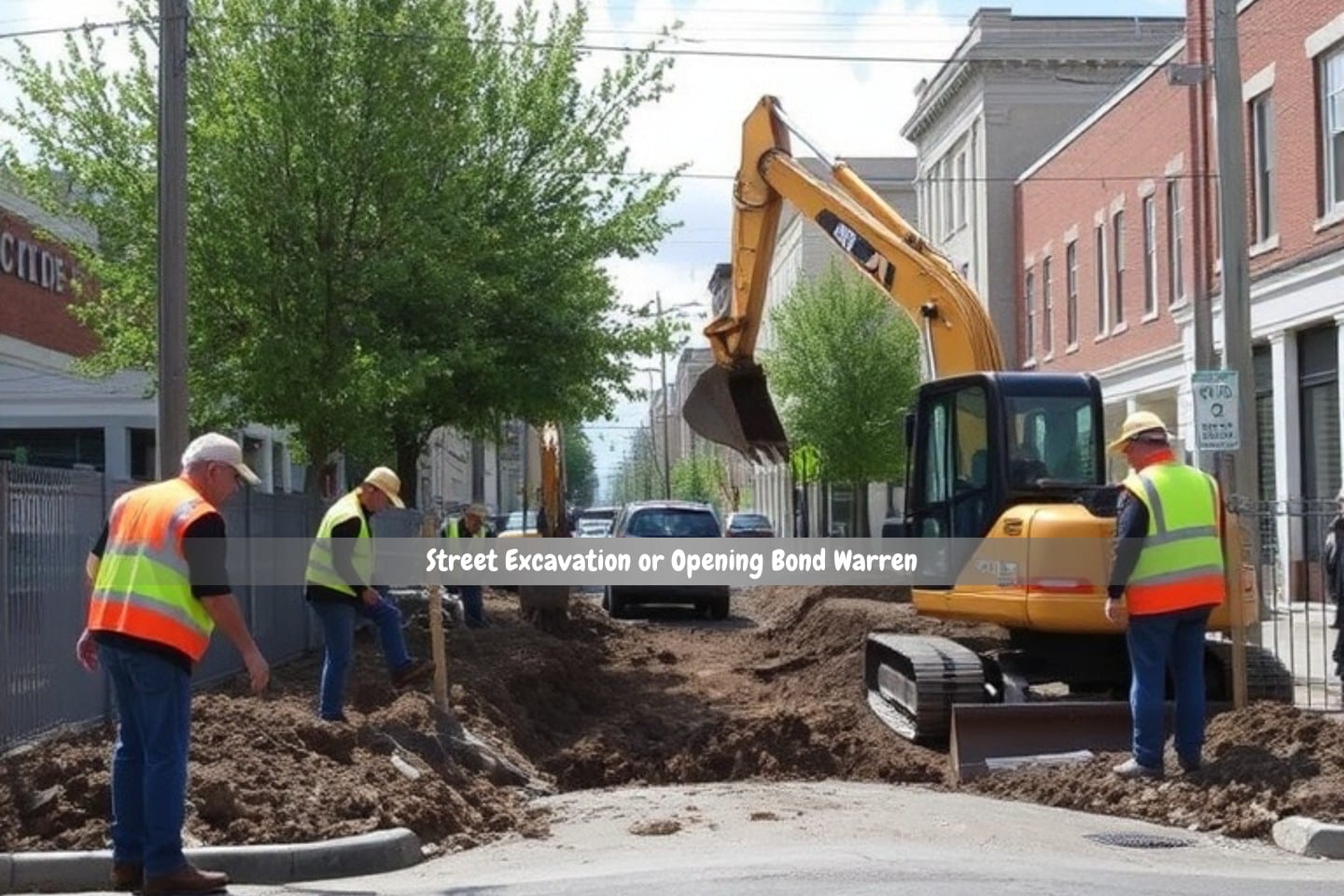 Street Excavation or Opening Bond Warren - Workers watch as an excavator operator digs to a street.