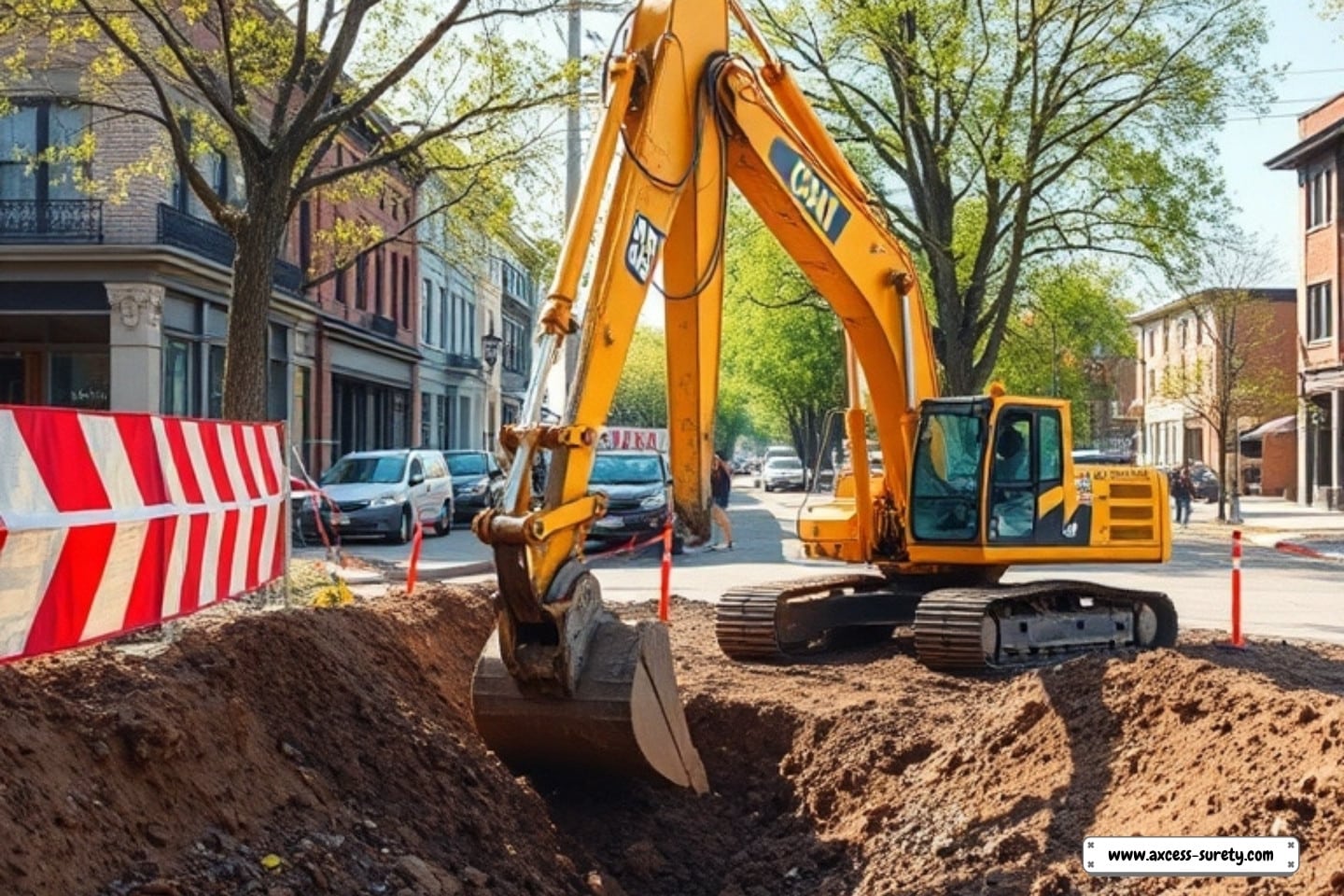 An excavator in yellow is preparing a street for a sewer pipeline.