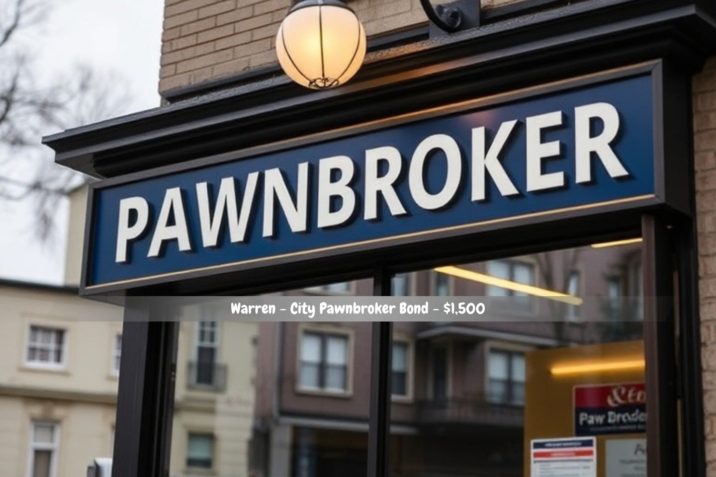 Warren - City Pawnbroker Bond - $1,500 - A glass and vintage look pawnbroker shop.