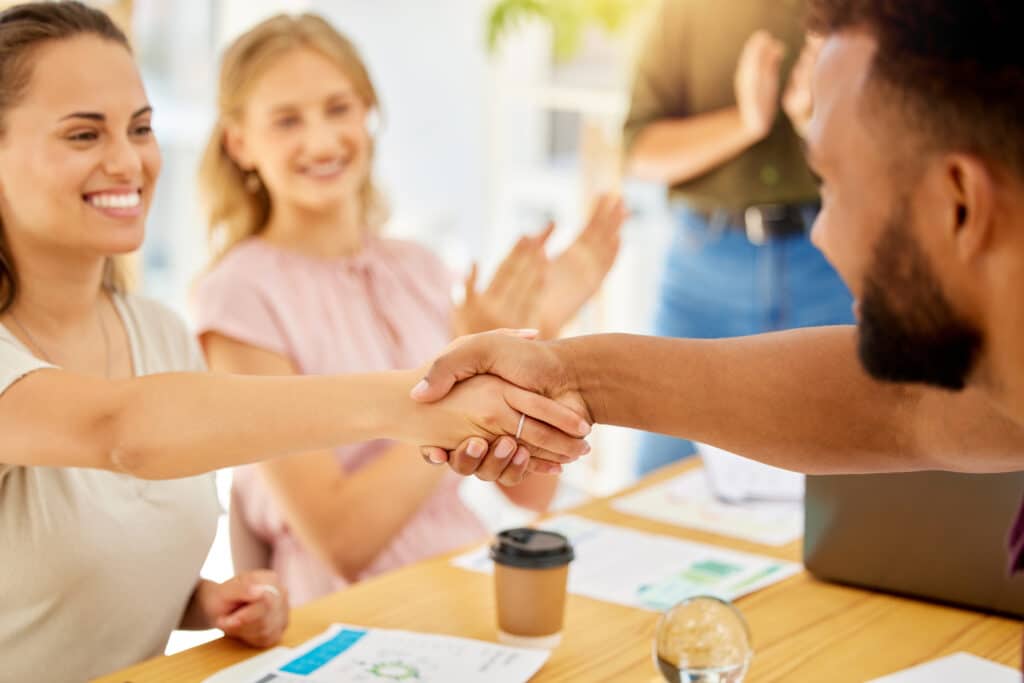 Business welcome handshake, partnership applause and deal, success and agreement collaboration in o.