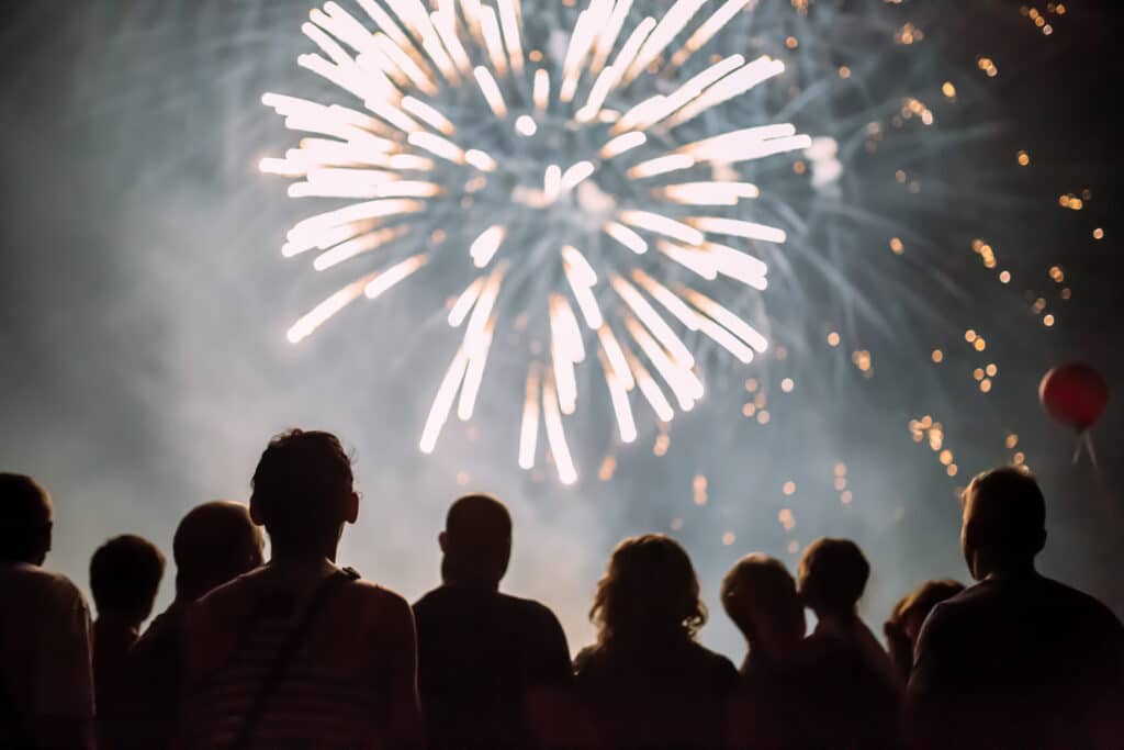 Crowd watching fireworks and celebrating new years eve
