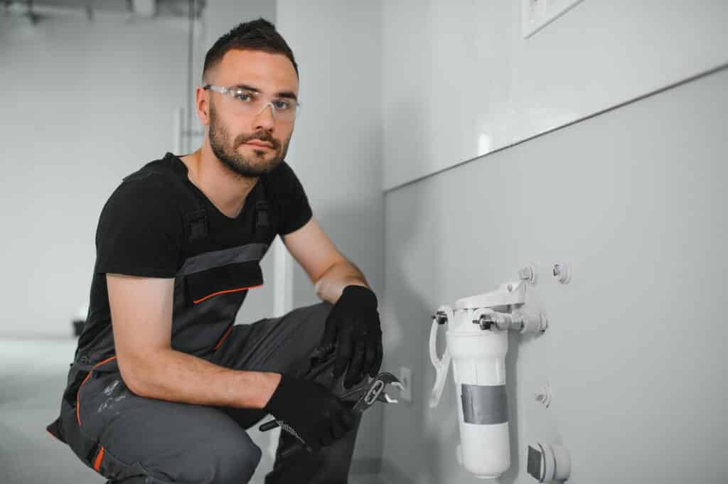 Plumber installs or change water filter. Replacement aqua filter. Repairman installing water filter cartridges in a kitchen. Installation of reverse osmosis water purification system