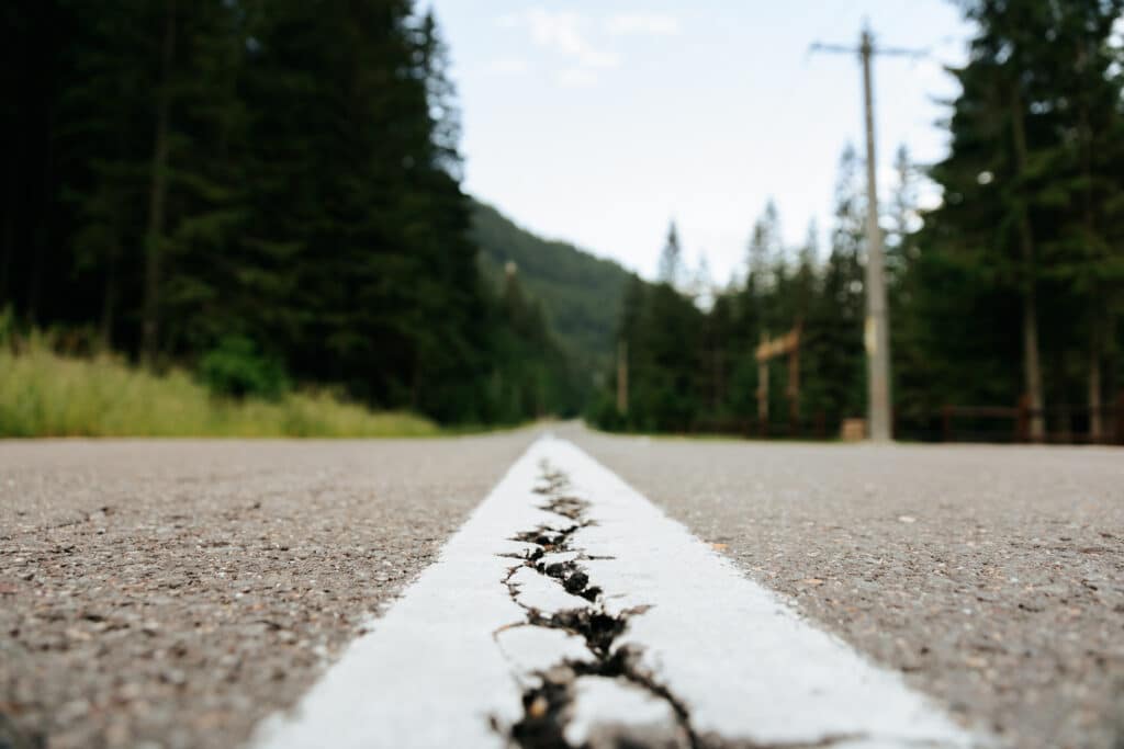 selective focus road without cars in the mountains passes through pine forests.
