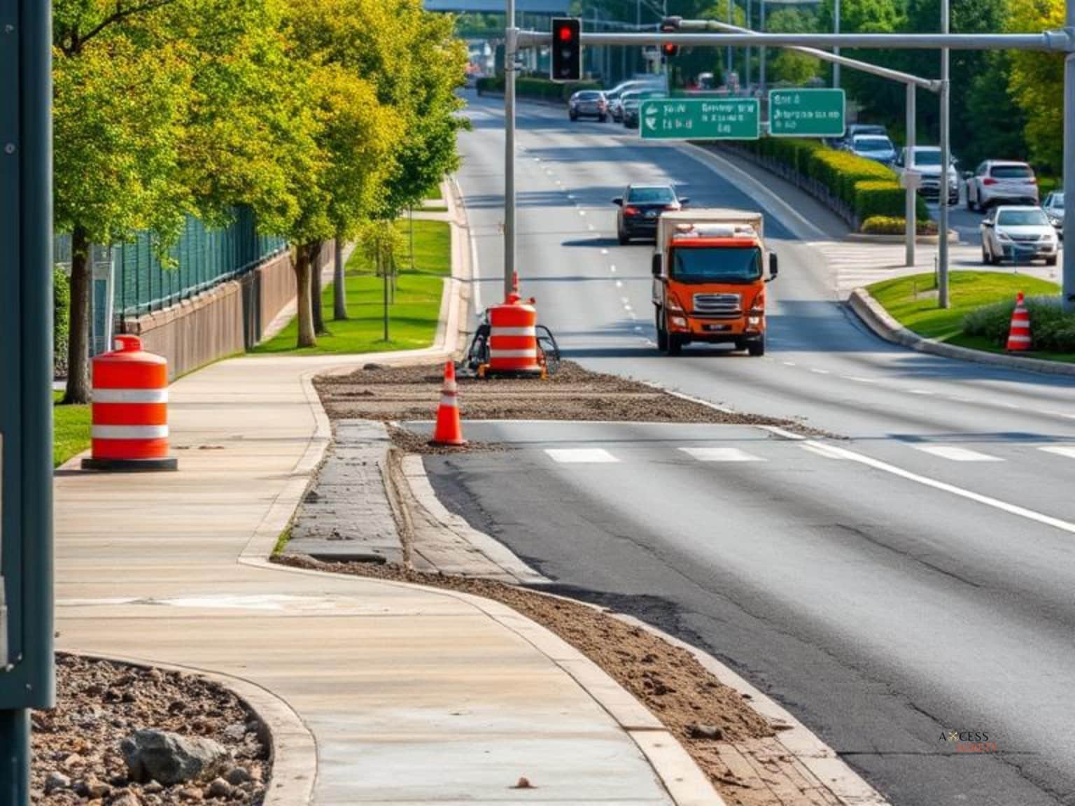 A truck, Barrier cones, sidewalk construction.