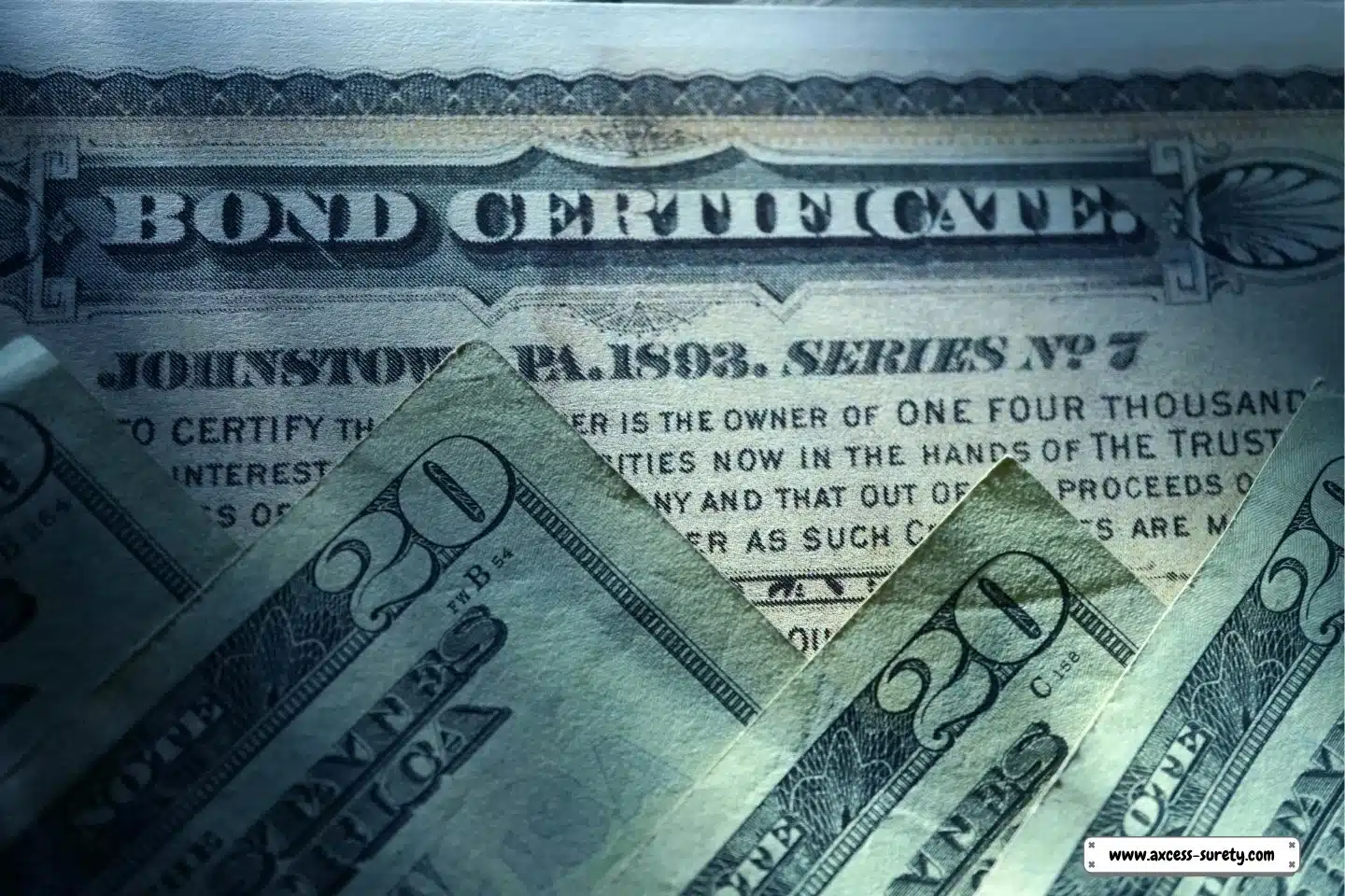 A close-up of dollar bills on a bond certificate.