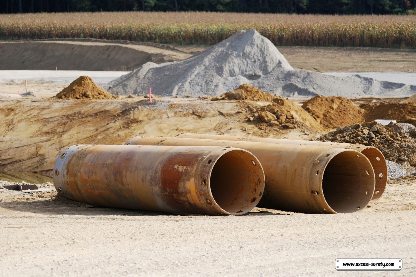 Large metal tubes on a building site.