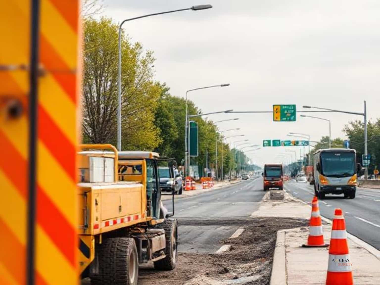 New Jersey Right of Way - Highway, Street, Driveway, Sidewalk Bond - Orange and white cone, busses and trucks.