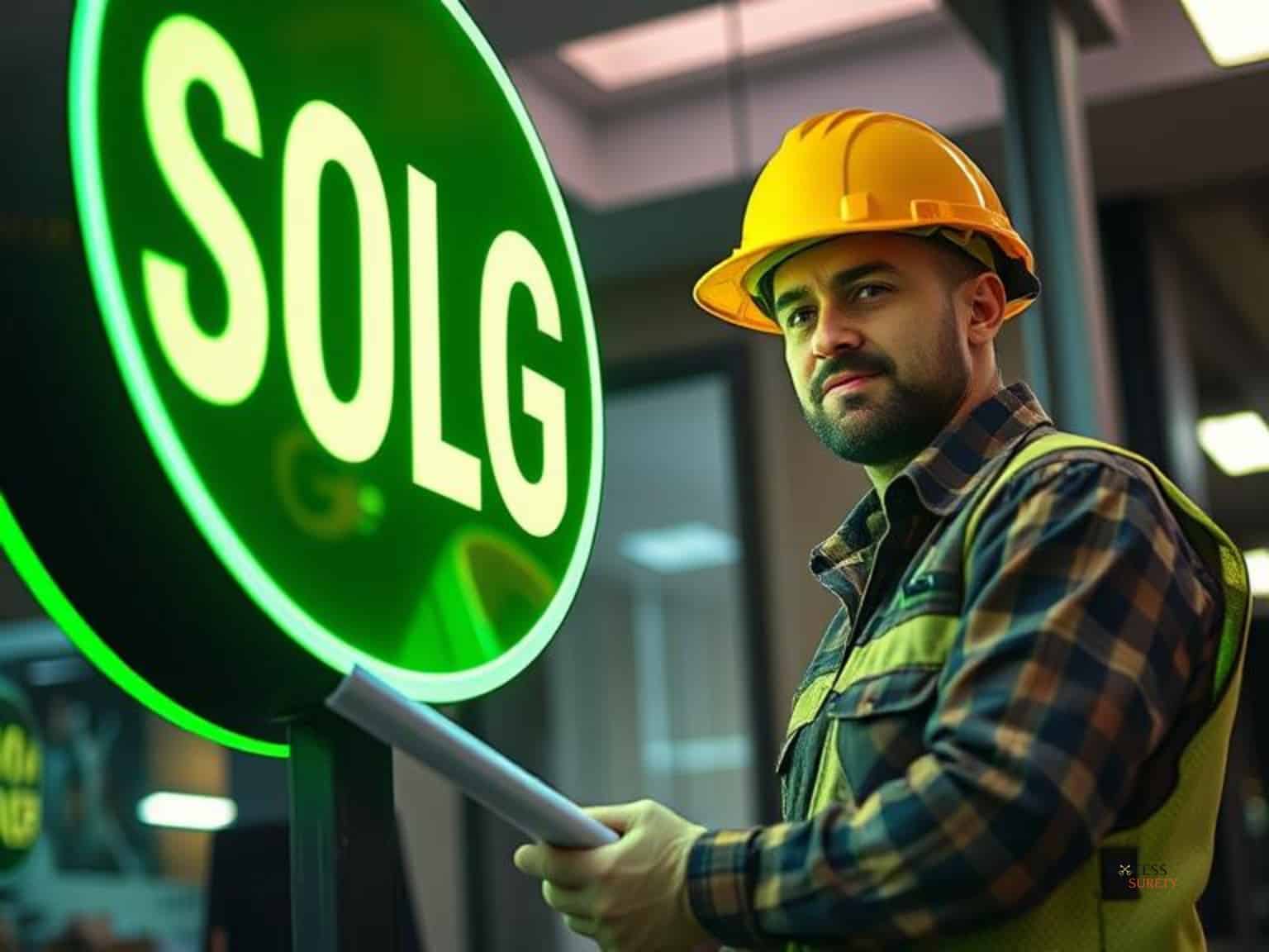 Omaha City Sign Contractor Bond - A sign contractor with his yellow hard hat installing yellow green light signage.