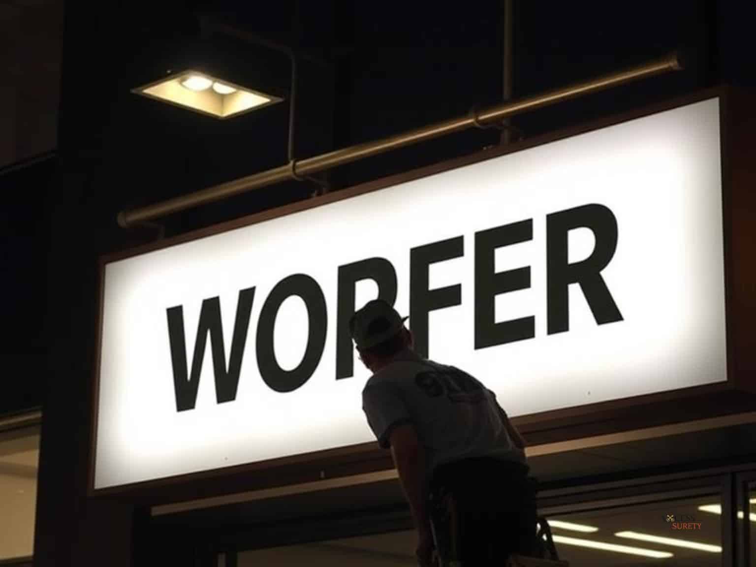 Signage worker installing new black and white led light signage.