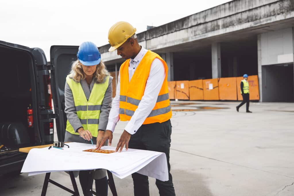 Employees working on construction site, wearing protective equipment and discussing next constructio